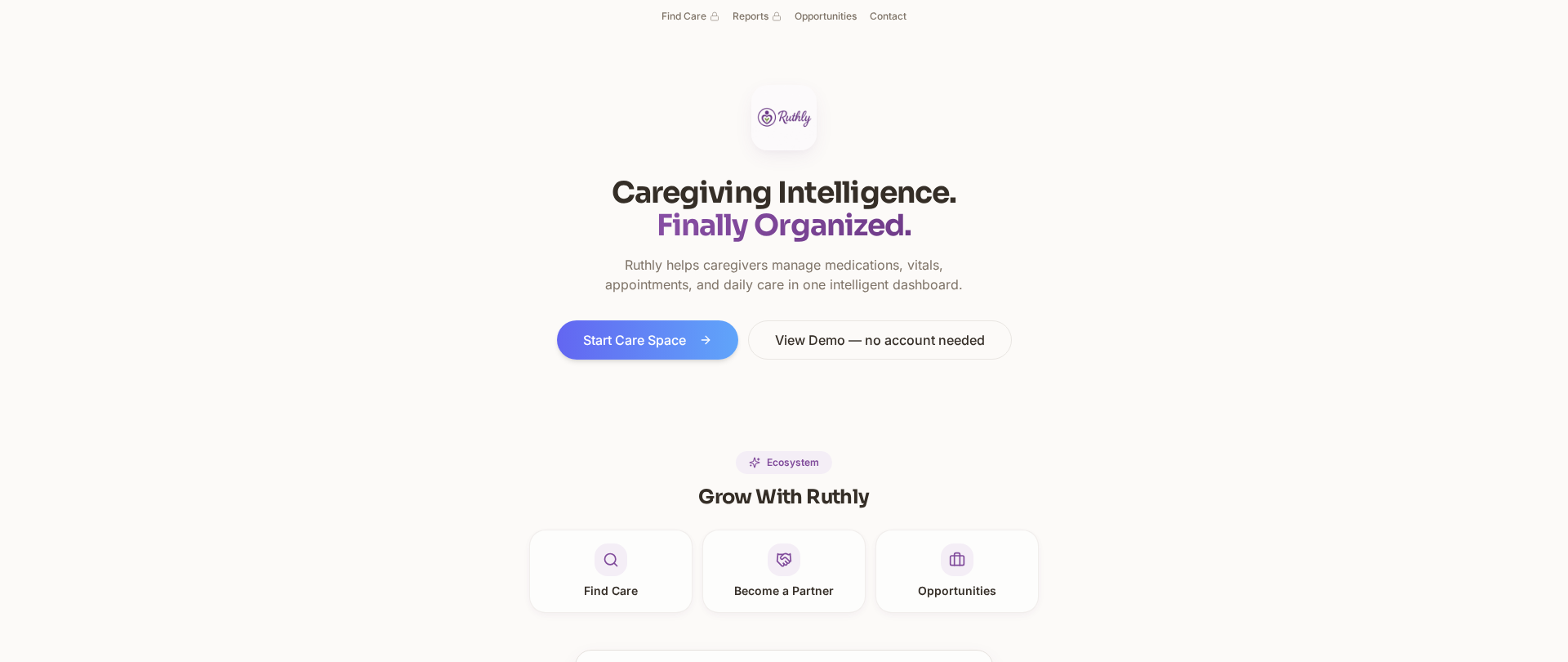 Ruthly home page: Caregiving intelligence, finally organized.